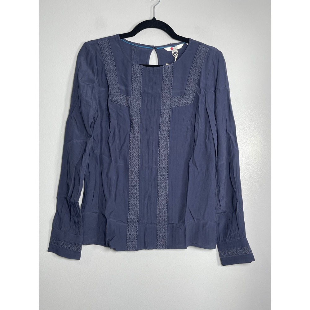 BODEN Embroidered Pintuck Blouse US 6 Navy Blue NEW Casual Lightweight‎ Comfort